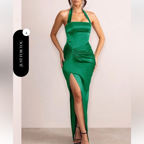 Bottle Green Satin Halter Neck Knot Maxi Dress designed by Club London Size US 6 - Picture 3 of 8